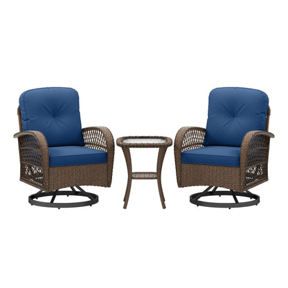 3 Piece Patio Swivel Rocker Set with Tempered Glass Side Table and Thick Cushions-Red - Navy