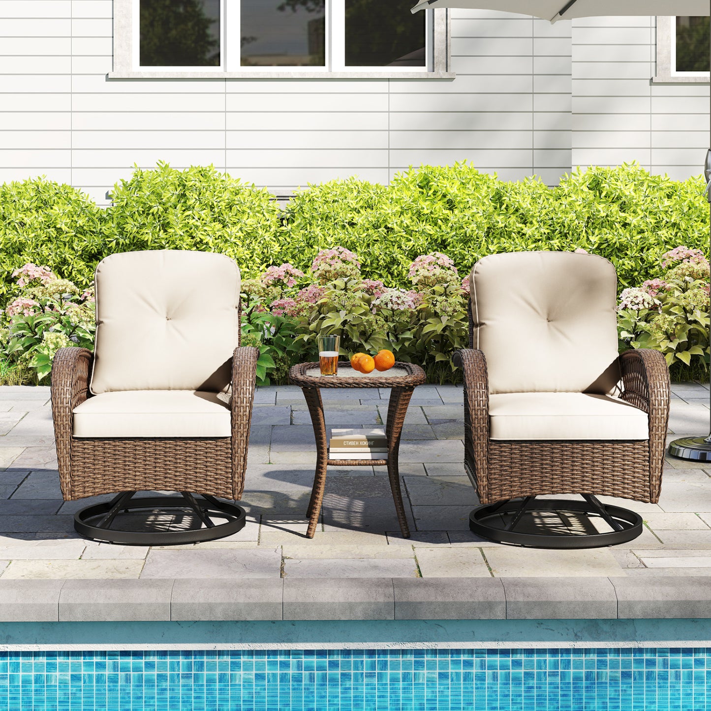 3-Piece Patio Swivel Rocker Set with Glass Side Table