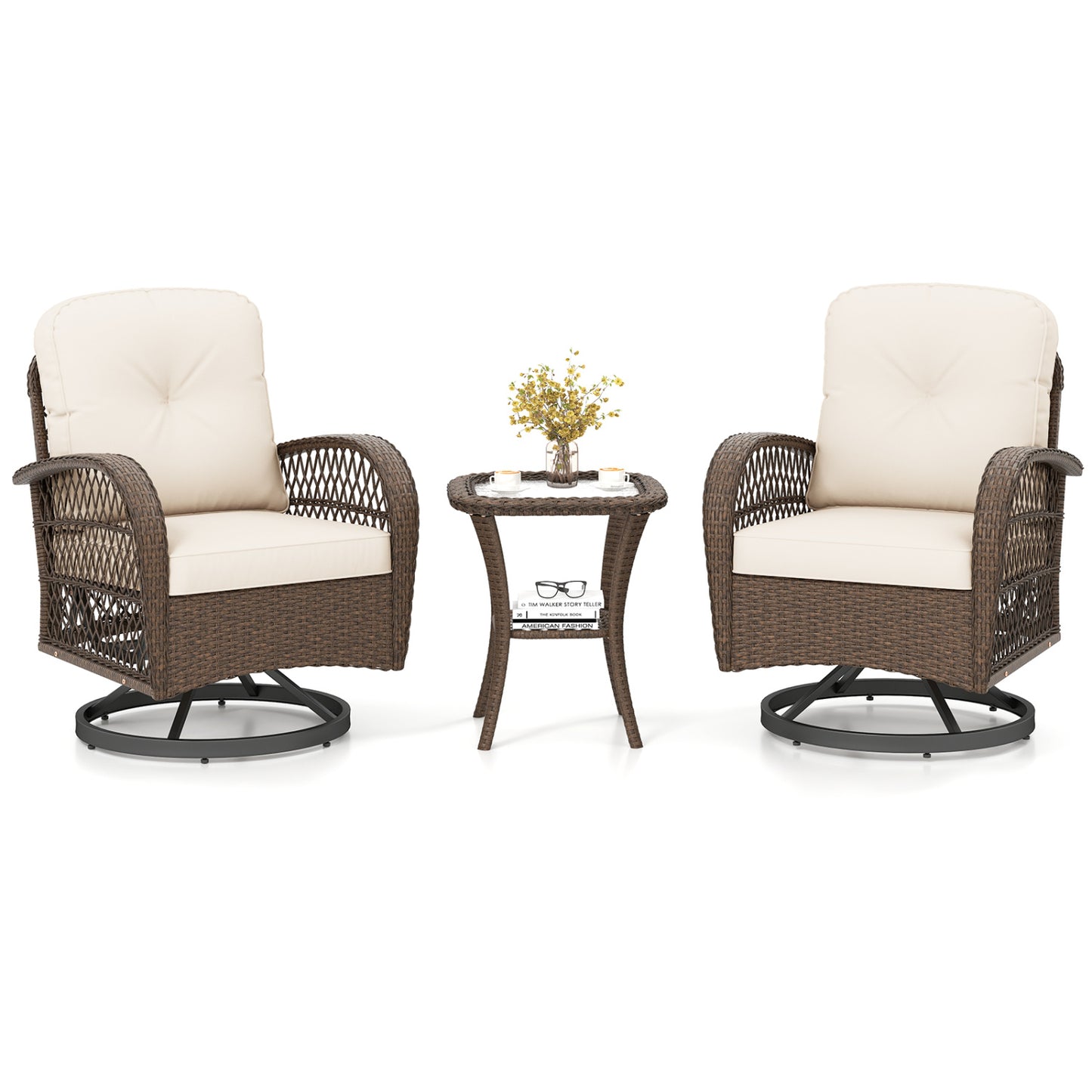 3-Piece Patio Swivel Rocker Set with Glass Side Table