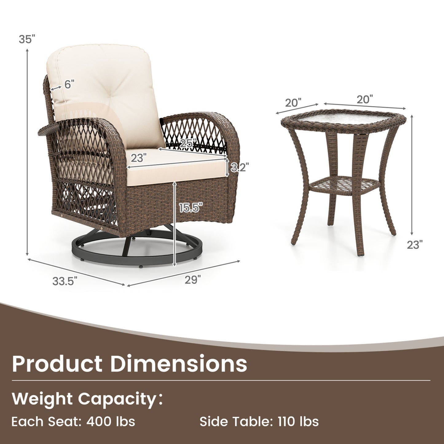 3-Piece Patio Swivel Rocker Set with Glass Side Table