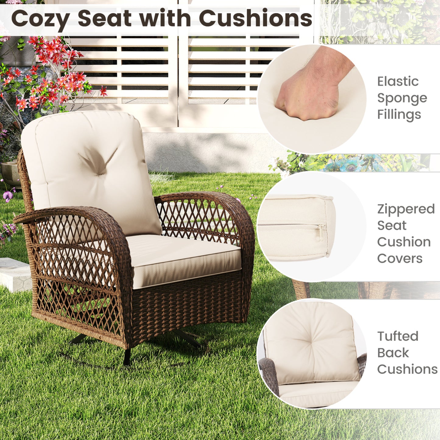 3-Piece Patio Swivel Rocker Set with Glass Side Table