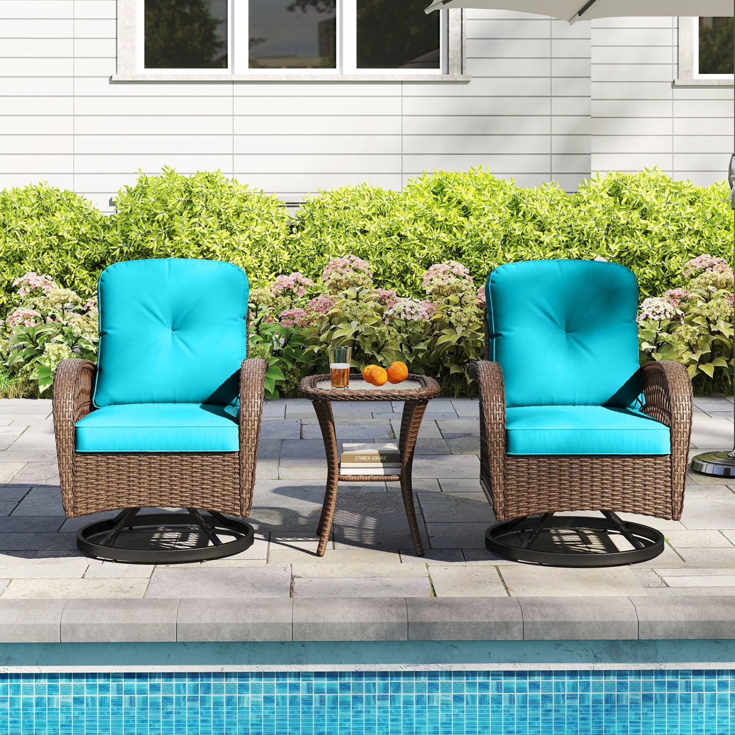 3-Piece Patio Swivel Rocker Set with Glass Side Table