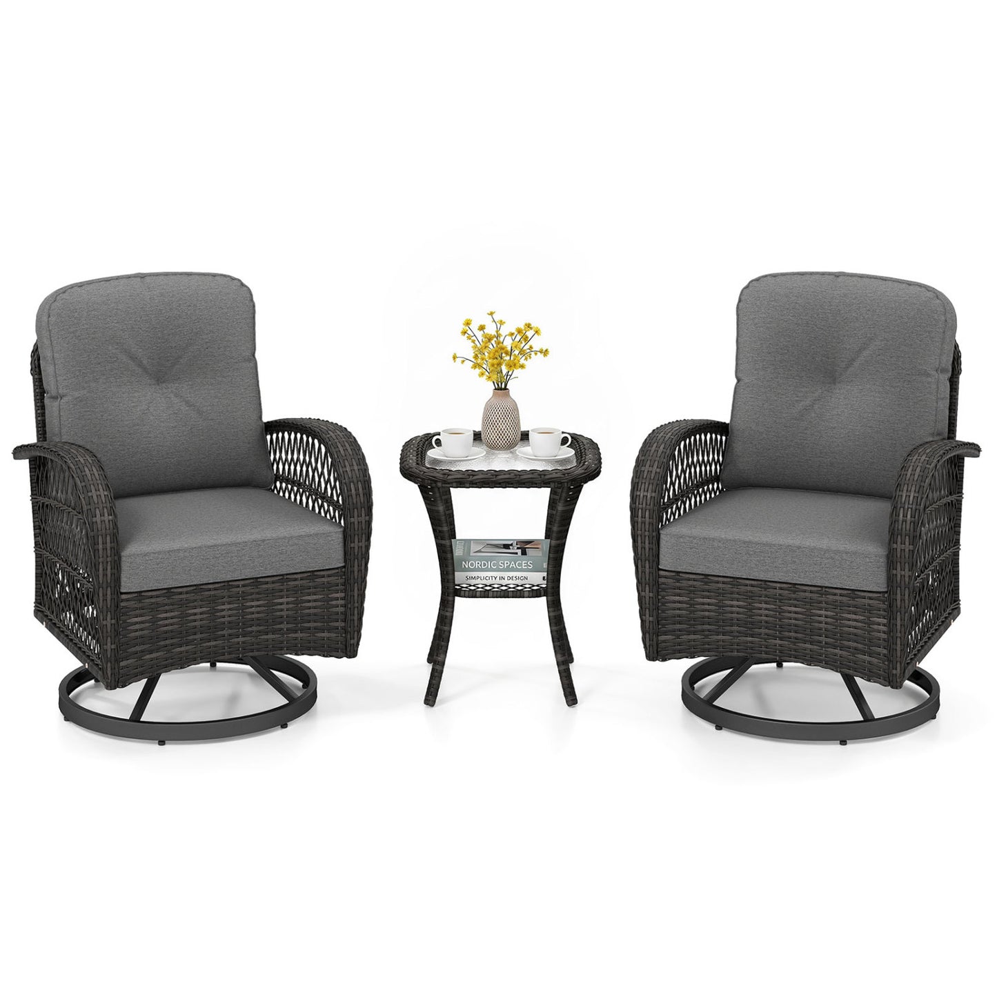 3-Piece Patio Swivel Rocker Set with Glass Side Table