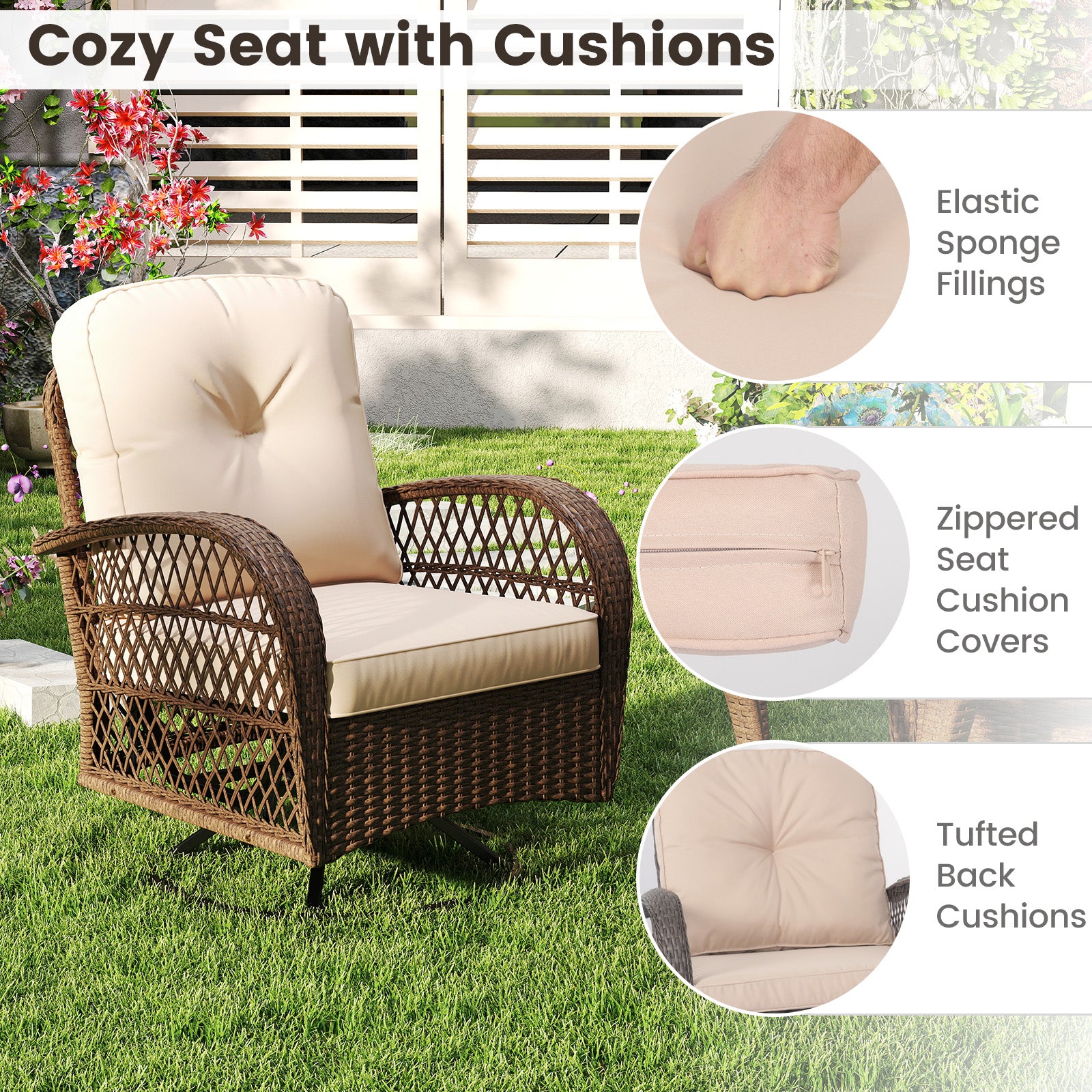 3 Piece Patio Swivel Rocker Set with Tempered Glass Side Table and Thick Cushions-Brown