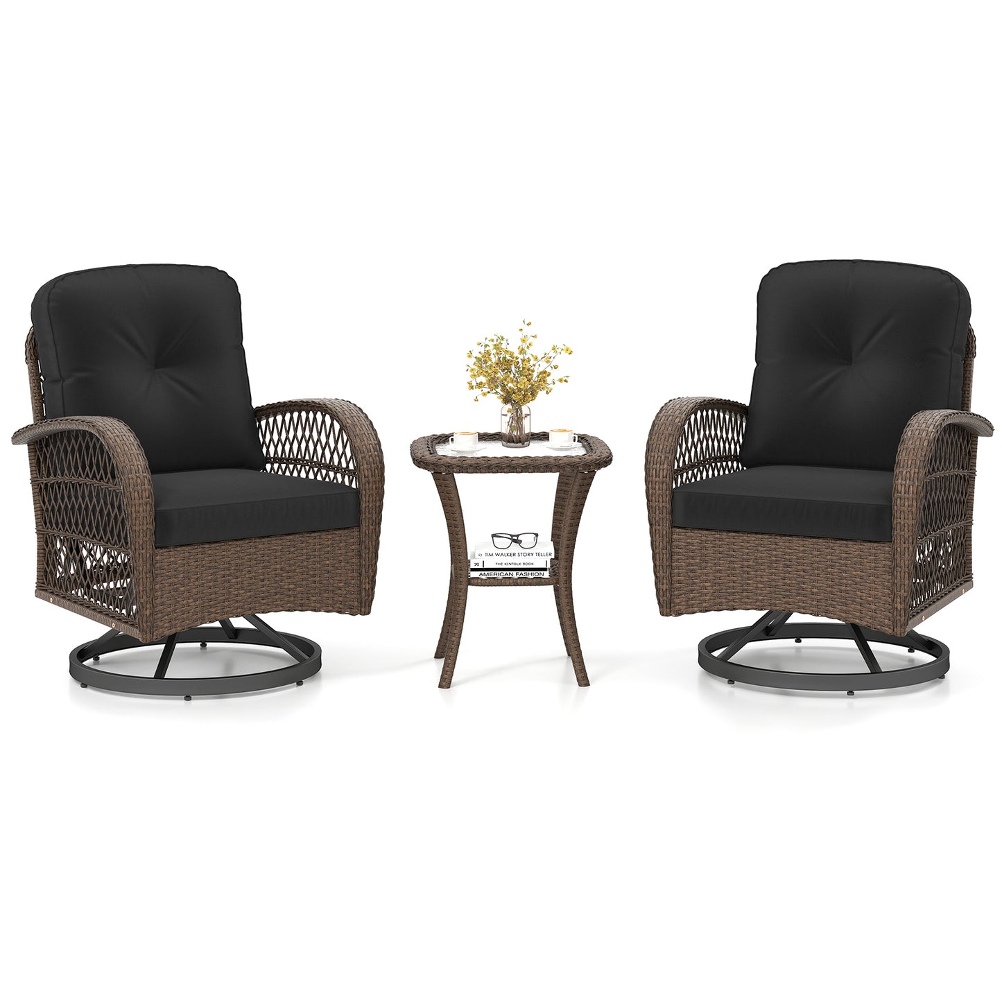 3 Piece Patio Swivel Rocker Set with Tempered Glass Side Table and Thick Cushions-Black