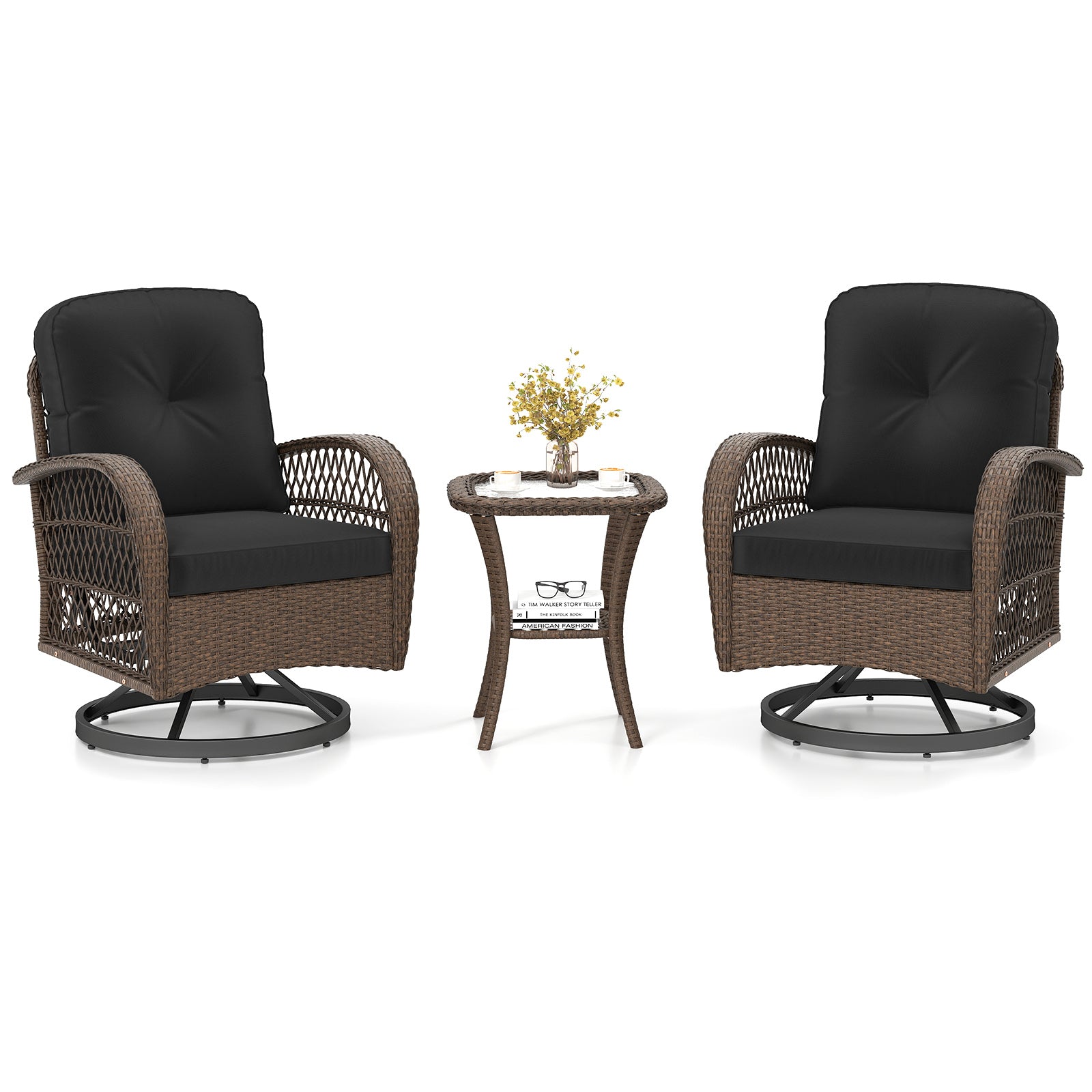 3 Piece Patio Swivel Rocker Set with Tempered Glass Side Table and Thick Cushions-Black