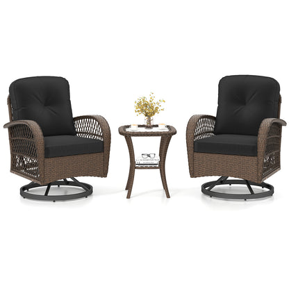 3 Piece Patio Swivel Rocker Set with Tempered Glass Side Table and Thick Cushions-Black