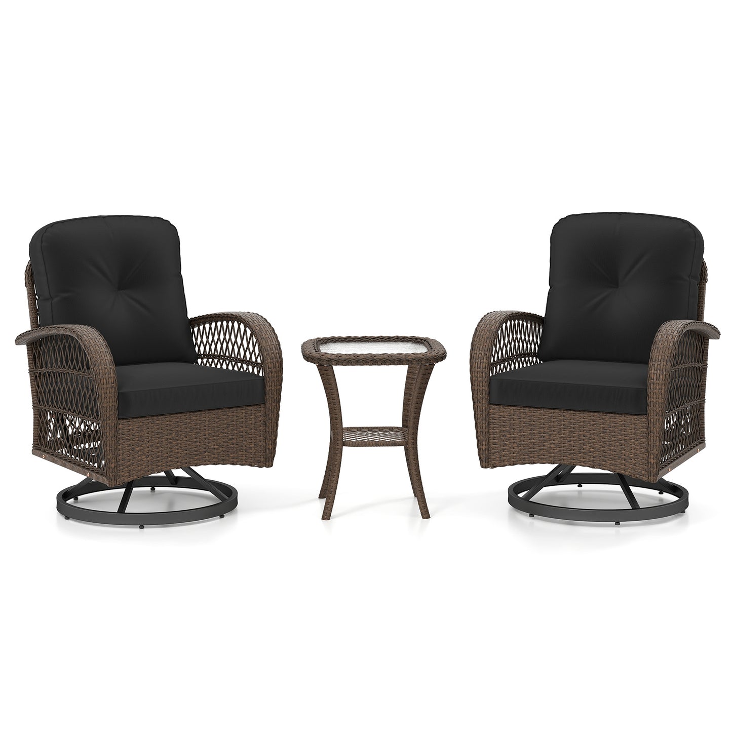 3 Piece Patio Swivel Rocker Set with Tempered Glass Side Table and Thick Cushions-Black