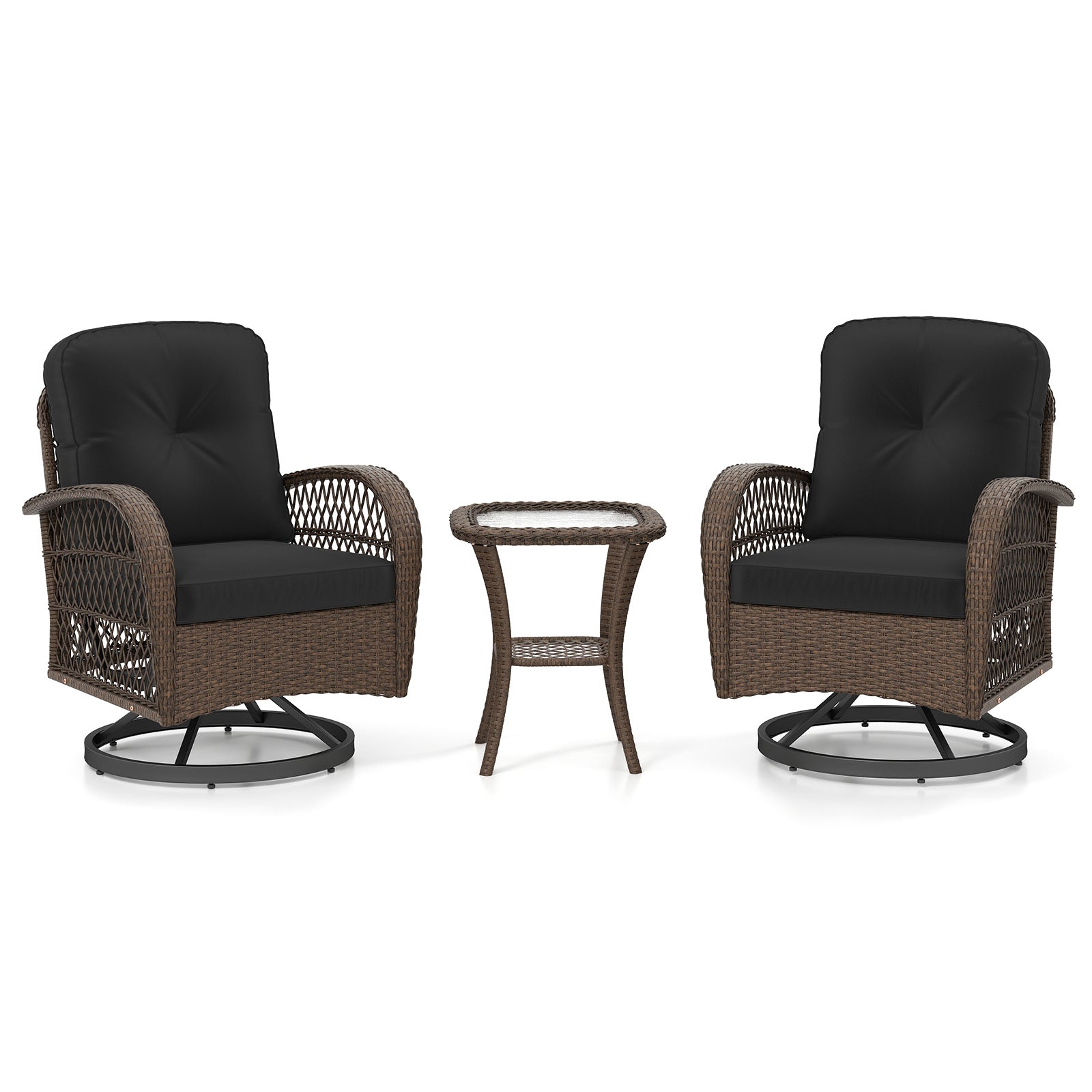 3 Piece Patio Swivel Rocker Set with Tempered Glass Side Table and Thick Cushions-Black