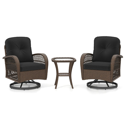 3 Piece Patio Swivel Rocker Set with Tempered Glass Side Table and Thick Cushions-Black