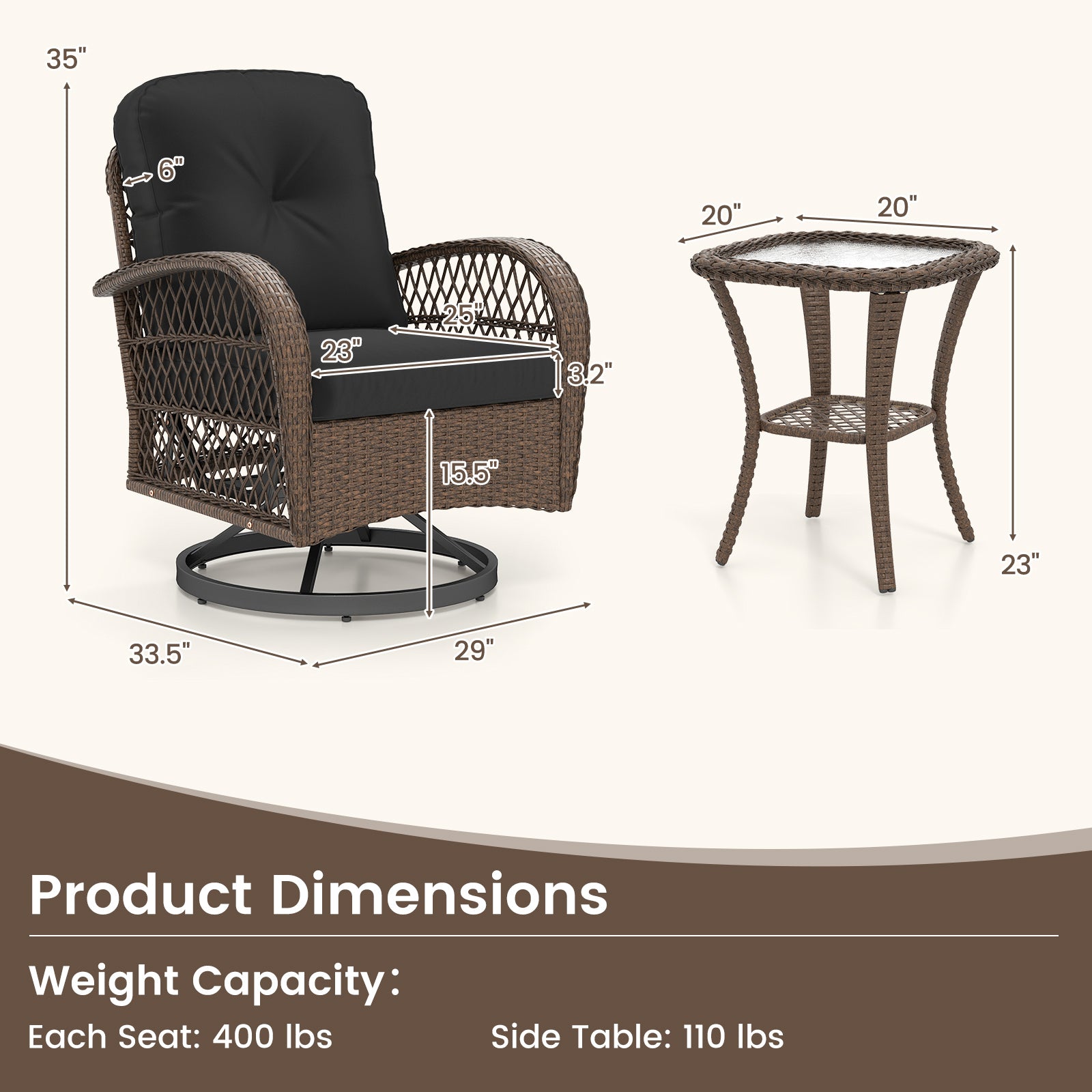 3 Piece Patio Swivel Rocker Set with Tempered Glass Side Table and Thick Cushions-Black