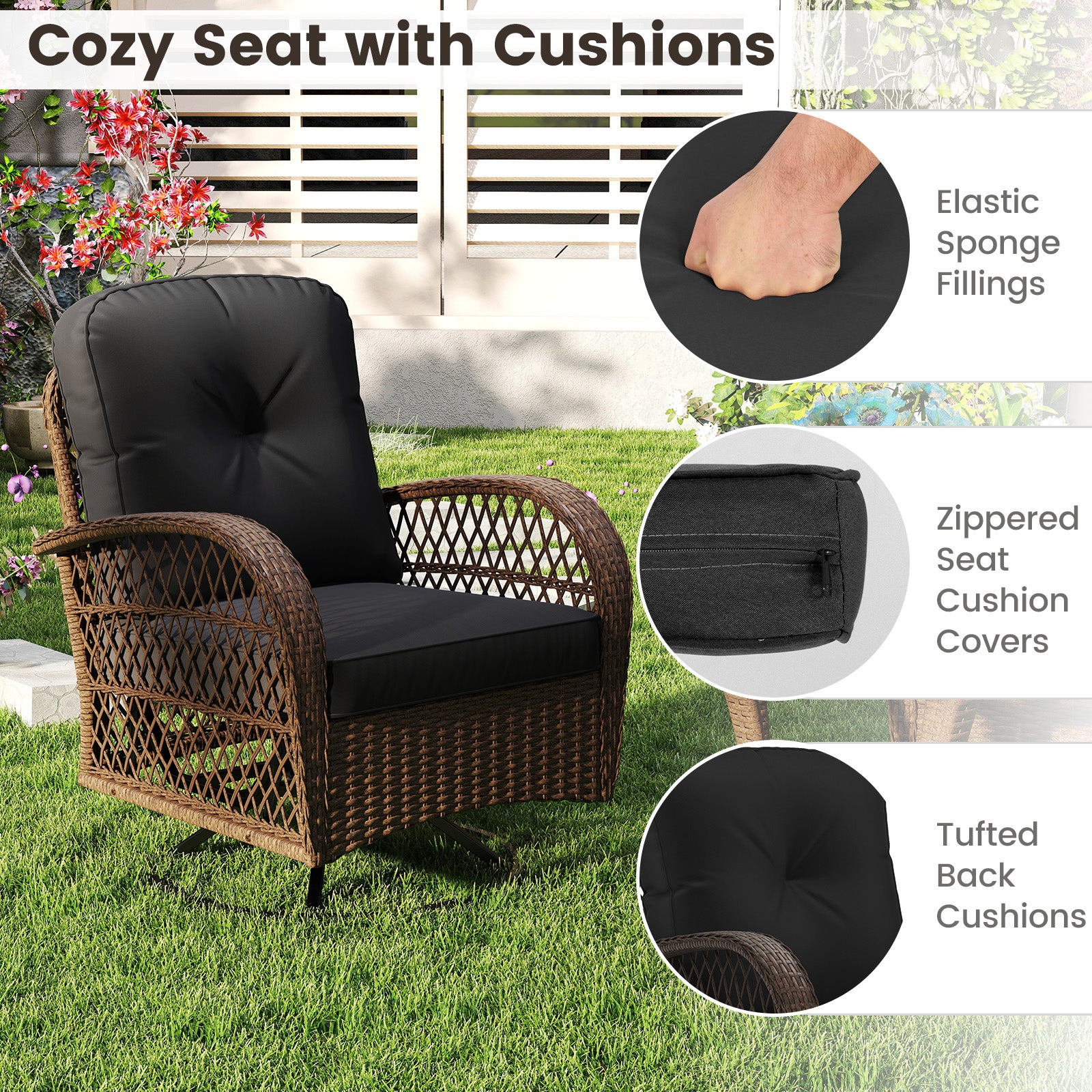 3 Piece Patio Swivel Rocker Set with Tempered Glass Side Table and Thick Cushions-Black
