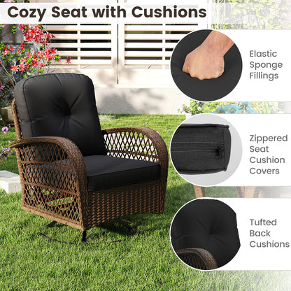 3 Piece Patio Swivel Rocker Set with Tempered Glass Side Table and Thick Cushions-Black