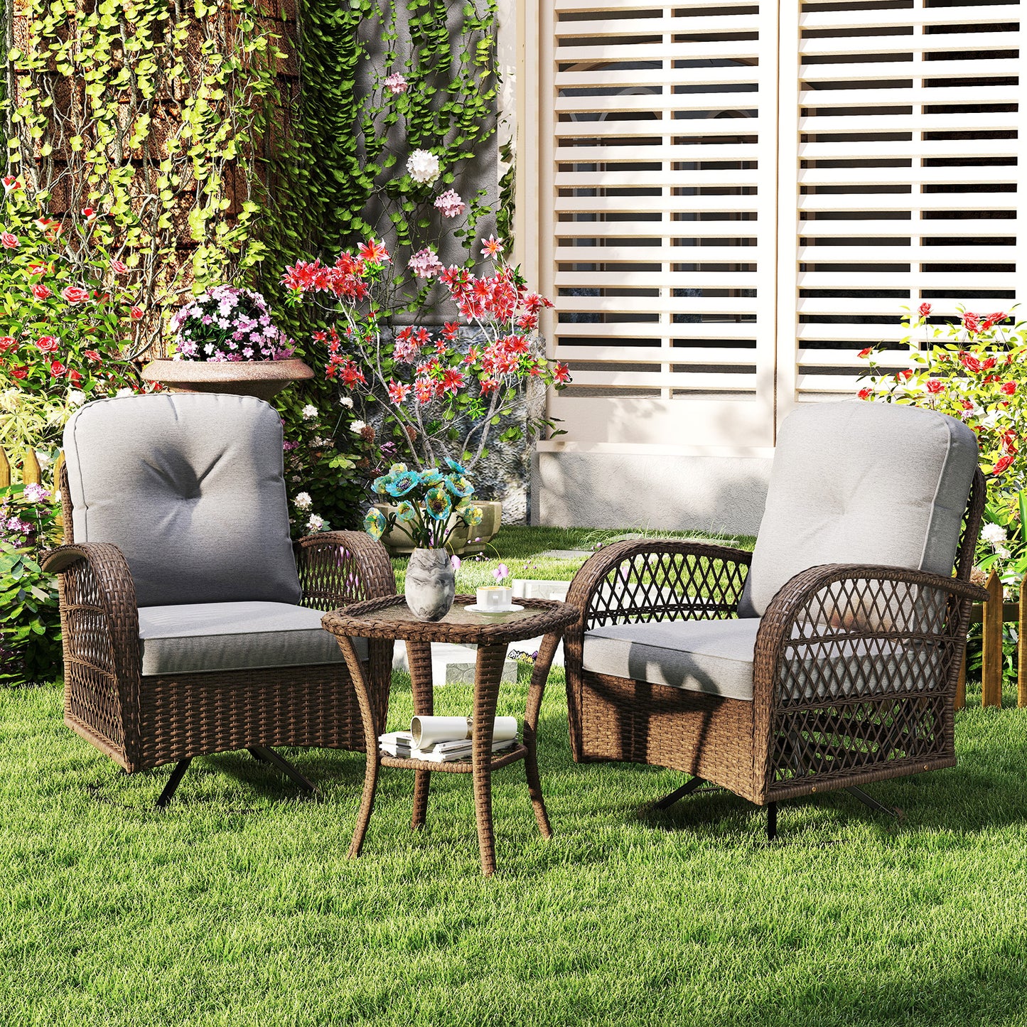 3 Piece Patio Swivel Rocker Set with Tempered Glass Side Table and Thick Cushions-Gray
