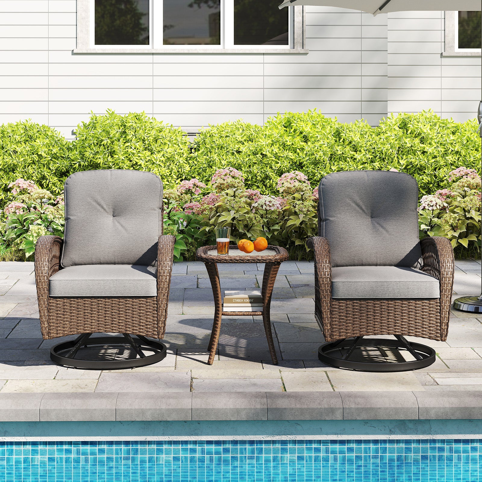 3 Piece Patio Swivel Rocker Set with Tempered Glass Side Table and Thick Cushions-Gray