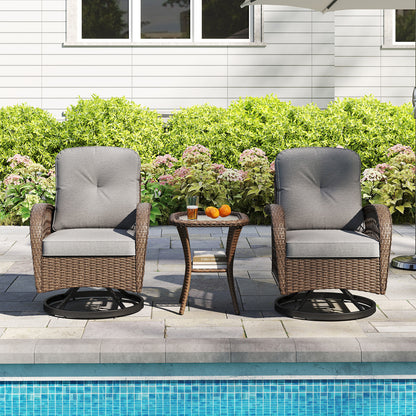 3 Piece Patio Swivel Rocker Set with Tempered Glass Side Table and Thick Cushions-Gray