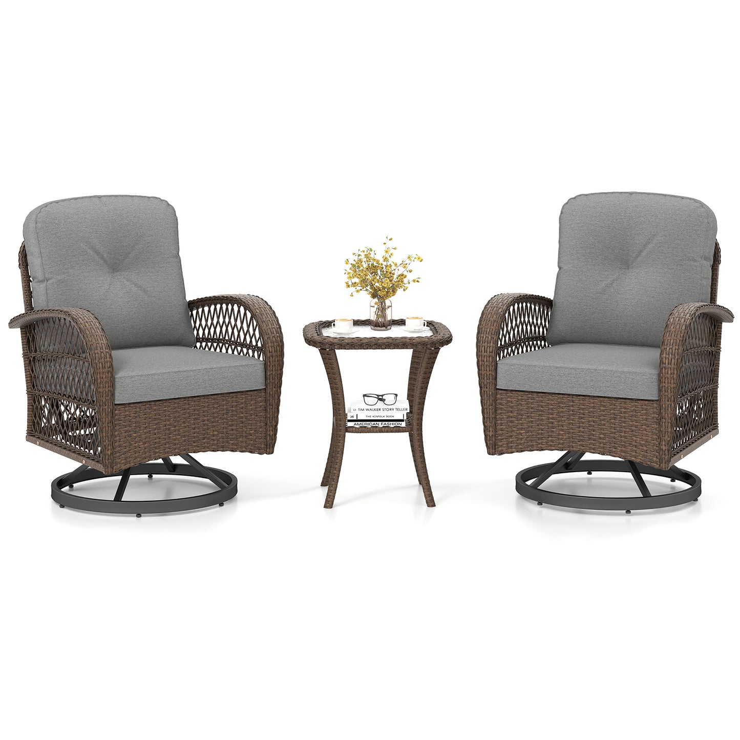 3 Piece Patio Swivel Rocker Set with Tempered Glass Side Table and Thick Cushions-Gray