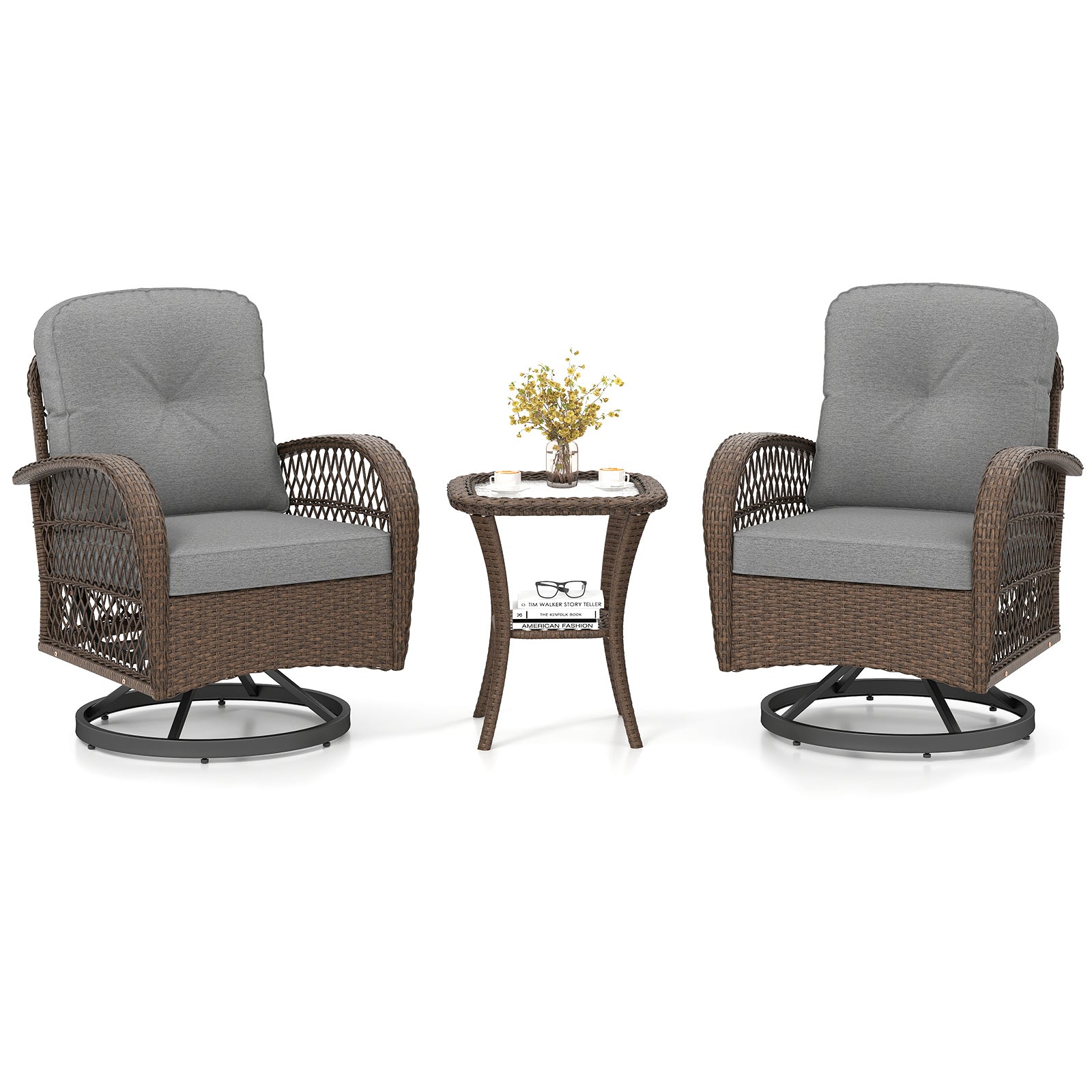 3 Piece Patio Swivel Rocker Set with Tempered Glass Side Table and Thick Cushions-Gray