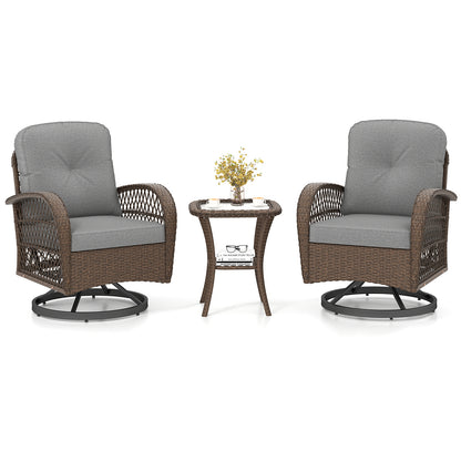 3 Piece Patio Swivel Rocker Set with Tempered Glass Side Table and Thick Cushions-Gray