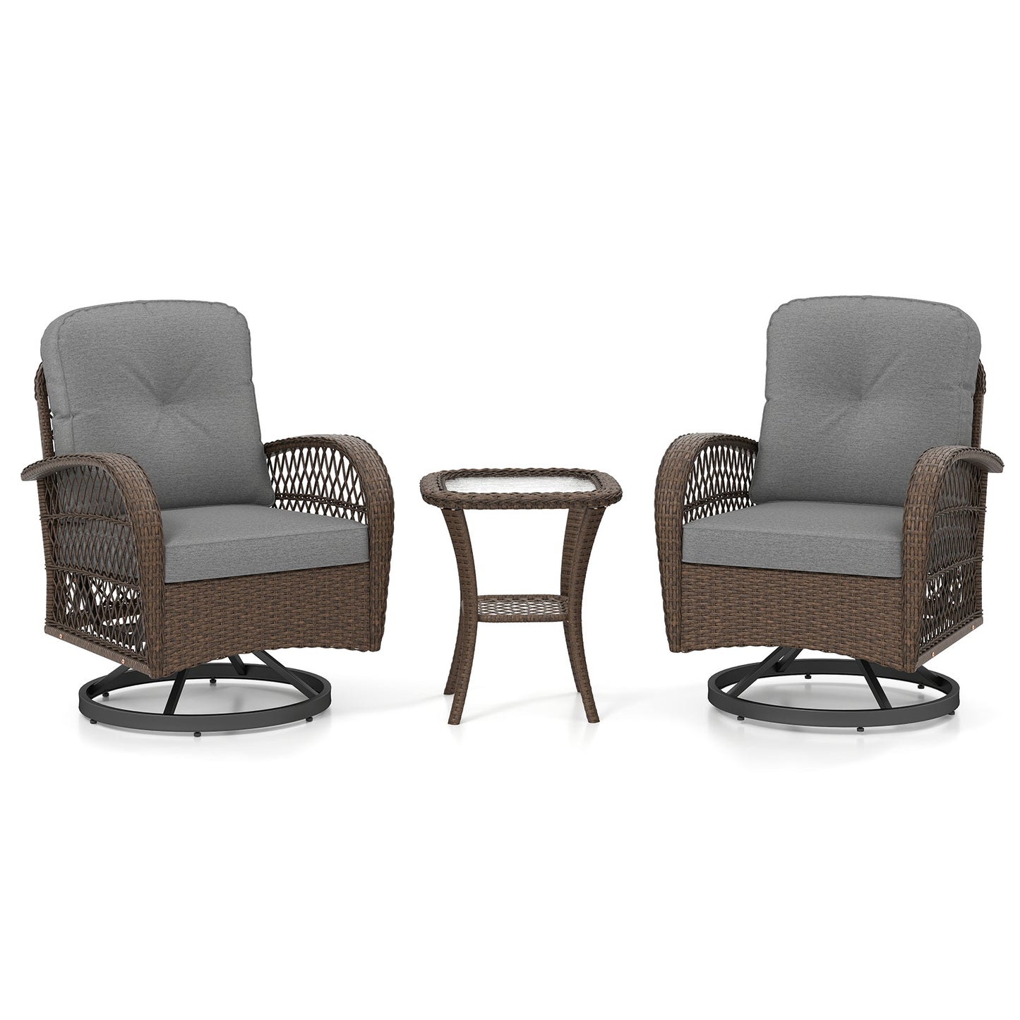 3 Piece Patio Swivel Rocker Set with Tempered Glass Side Table and Thick Cushions-Gray
