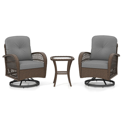 3 Piece Patio Swivel Rocker Set with Tempered Glass Side Table and Thick Cushions-Gray