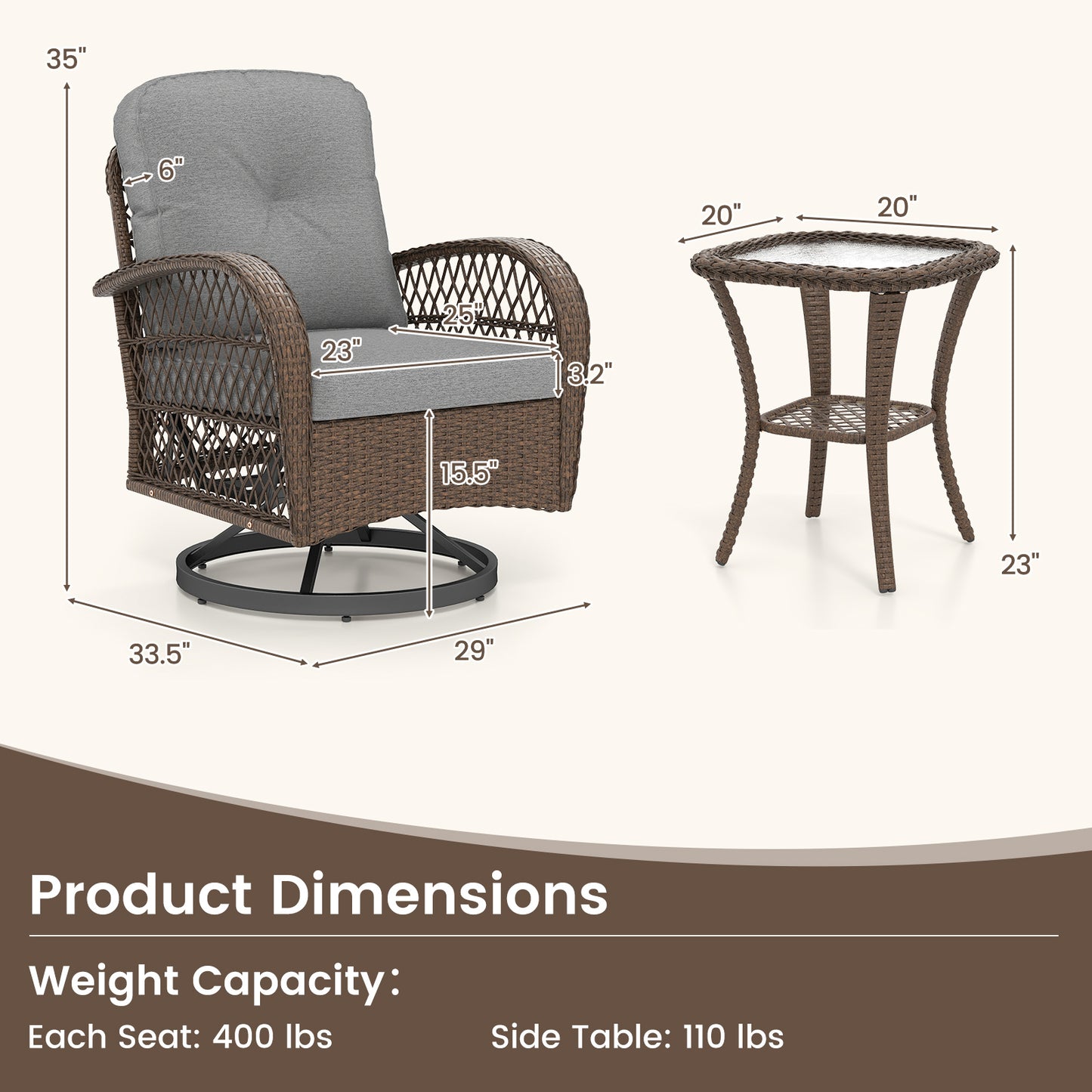 3 Piece Patio Swivel Rocker Set with Tempered Glass Side Table and Thick Cushions-Gray