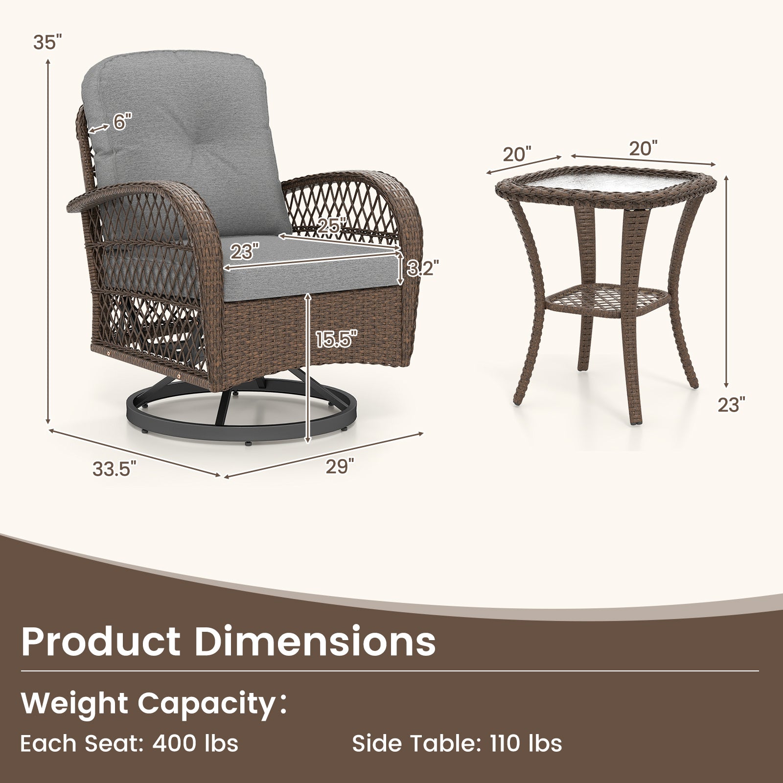 3 Piece Patio Swivel Rocker Set with Tempered Glass Side Table and Thick Cushions-Gray
