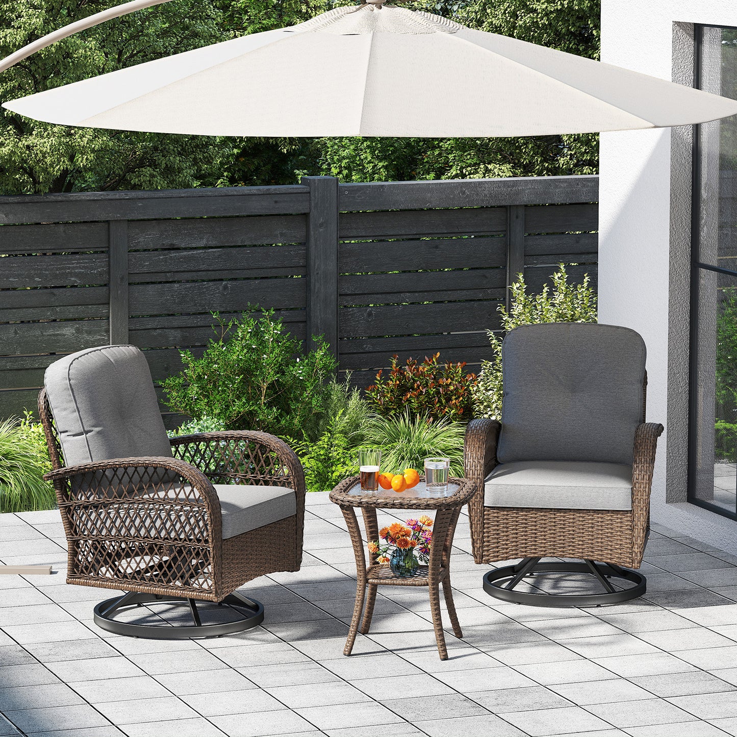 3 Piece Patio Swivel Rocker Set with Tempered Glass Side Table and Thick Cushions-Gray