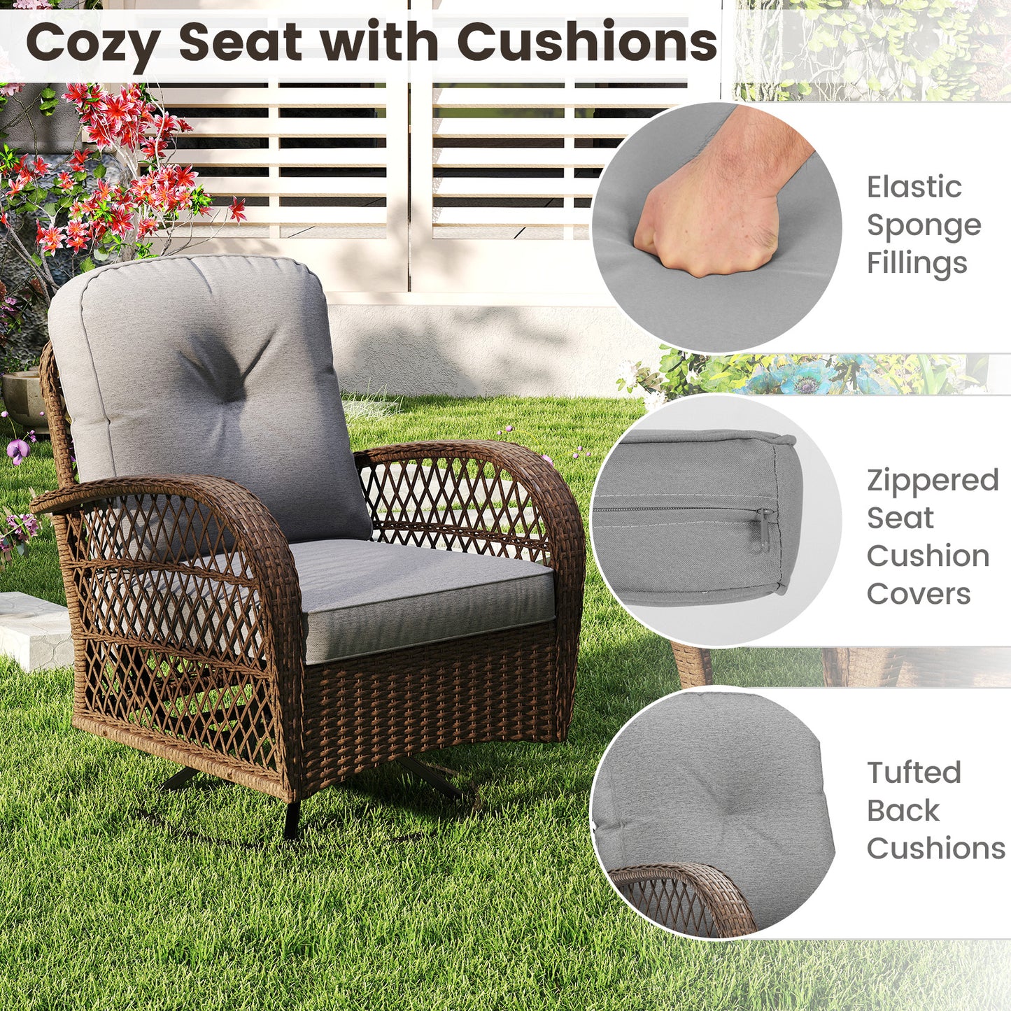 3 Piece Patio Swivel Rocker Set with Tempered Glass Side Table and Thick Cushions-Gray