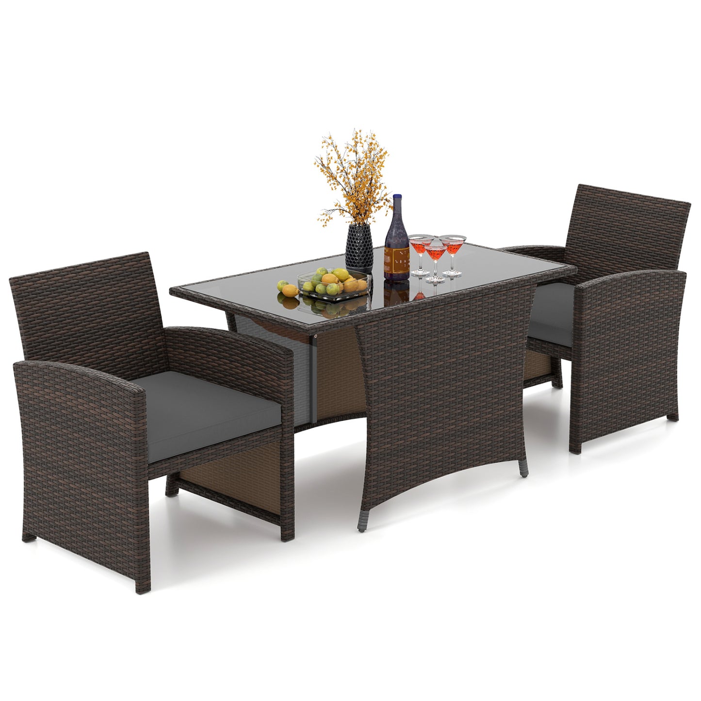 3-Piece Wicker Patio Dining Set with Tempered Glass Table