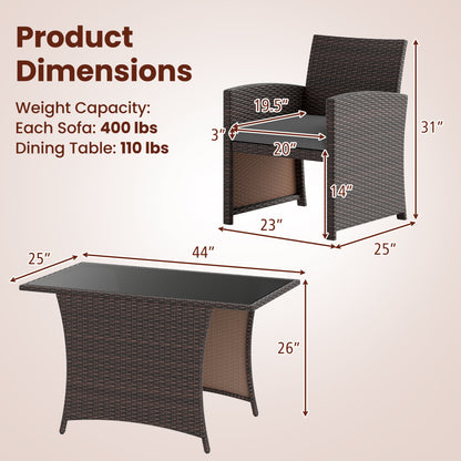3-Piece Wicker Patio Dining Set with Tempered Glass Table