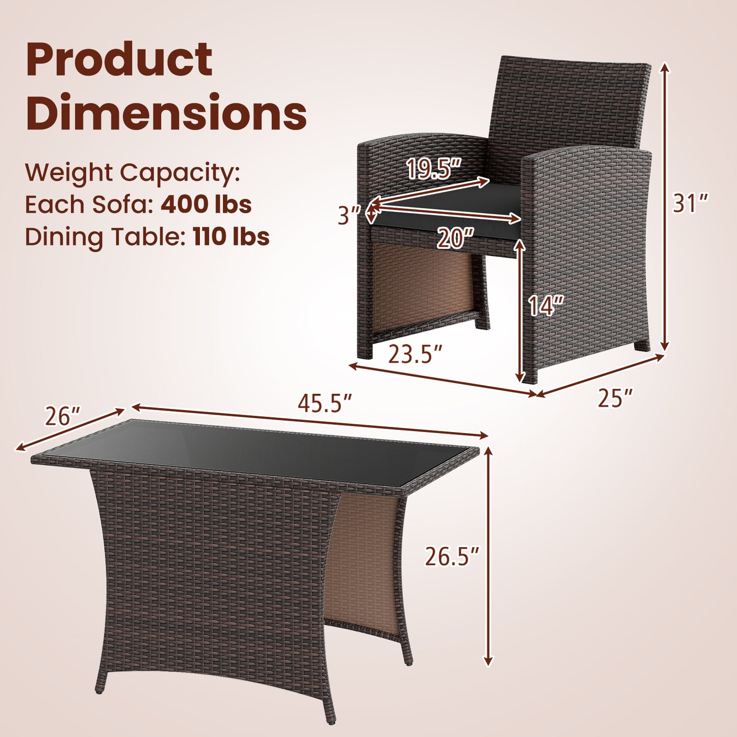 3 Piece Patio Wicker Dining Set with Rectangle Tempered Glass Dining Table-Brown