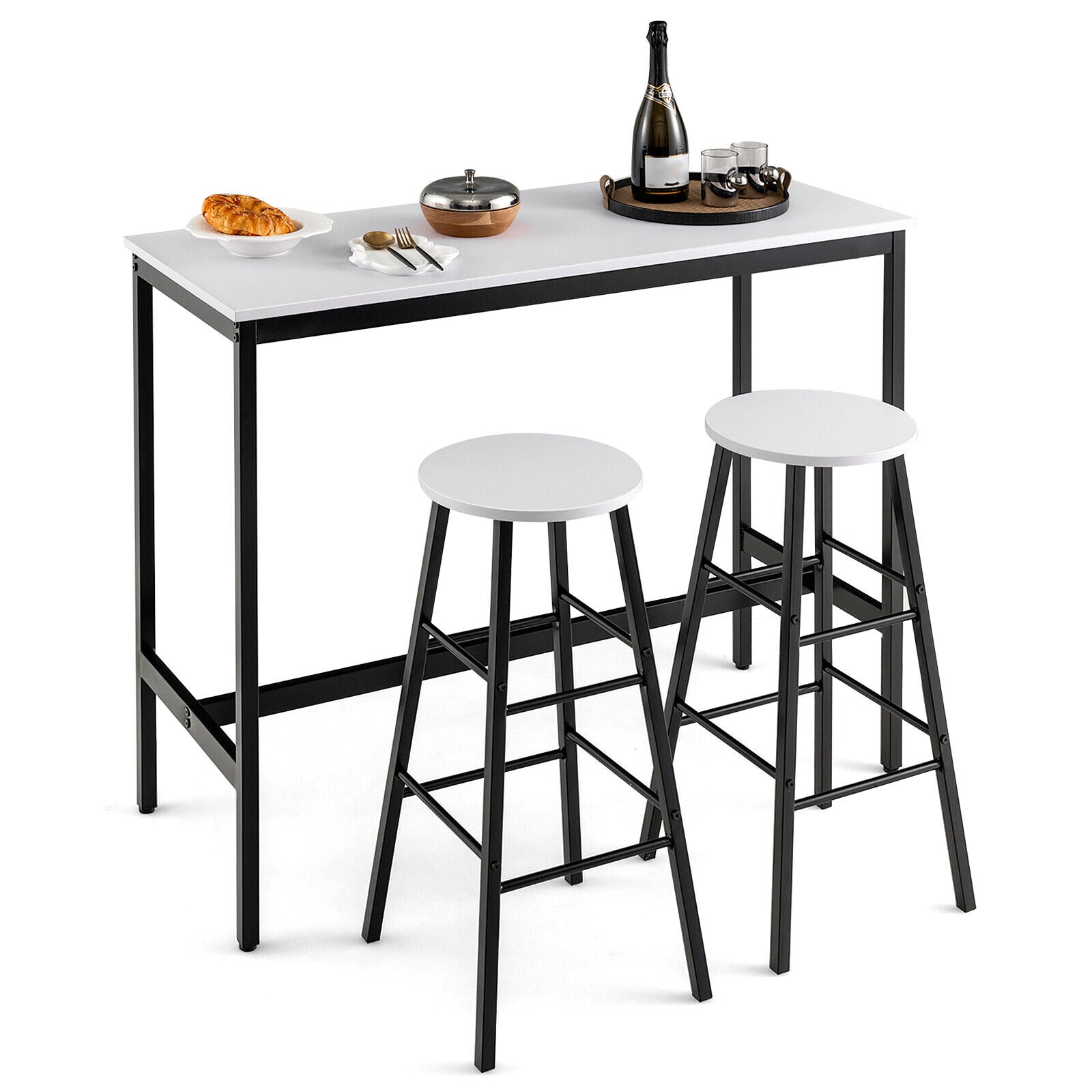 3 Piece Pub Table and Stools Kitchen Dining Set-Black & White