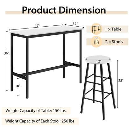 3 Piece Pub Table and Stools Kitchen Dining Set-Black & White