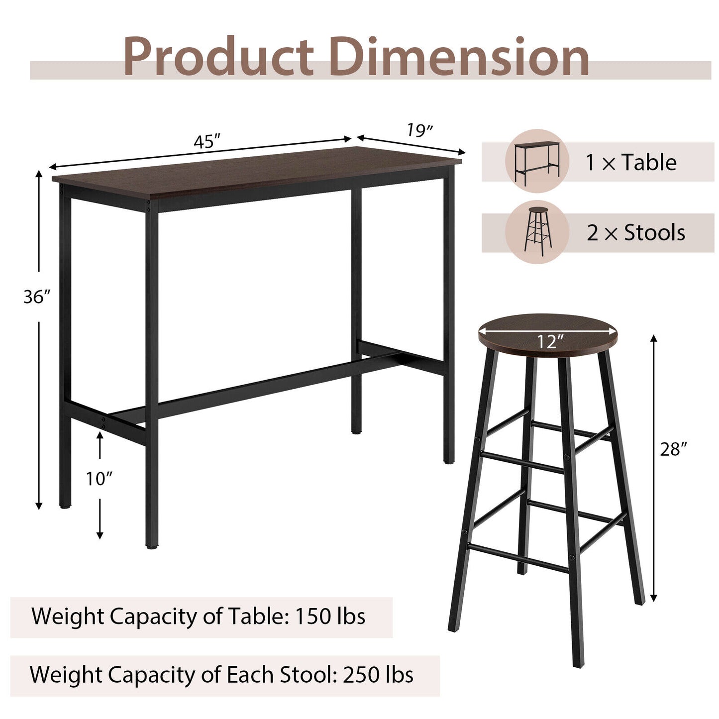 3 Piece Pub Table and Stools Kitchen Dining Set-Brown