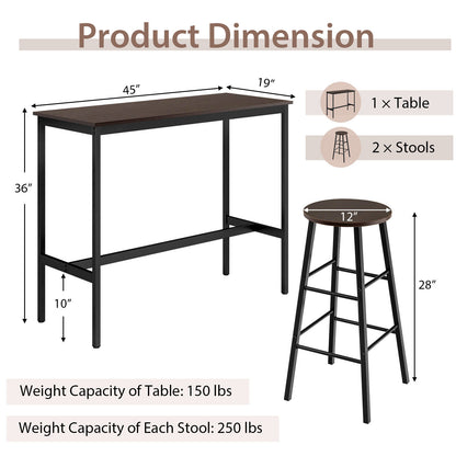 3 Piece Pub Table and Stools Kitchen Dining Set-Brown
