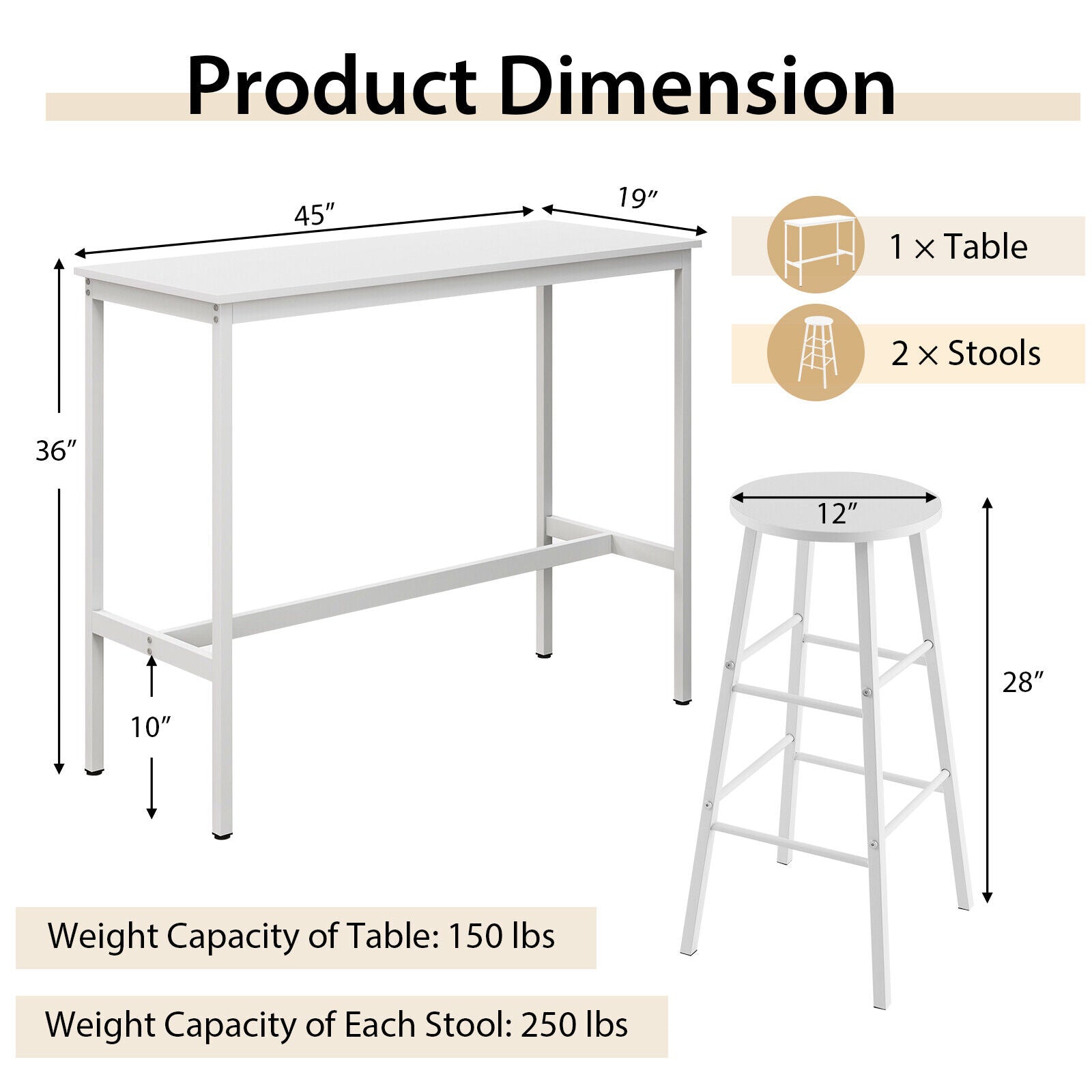 3 Piece Pub Table and Stools Kitchen Dining Set-White