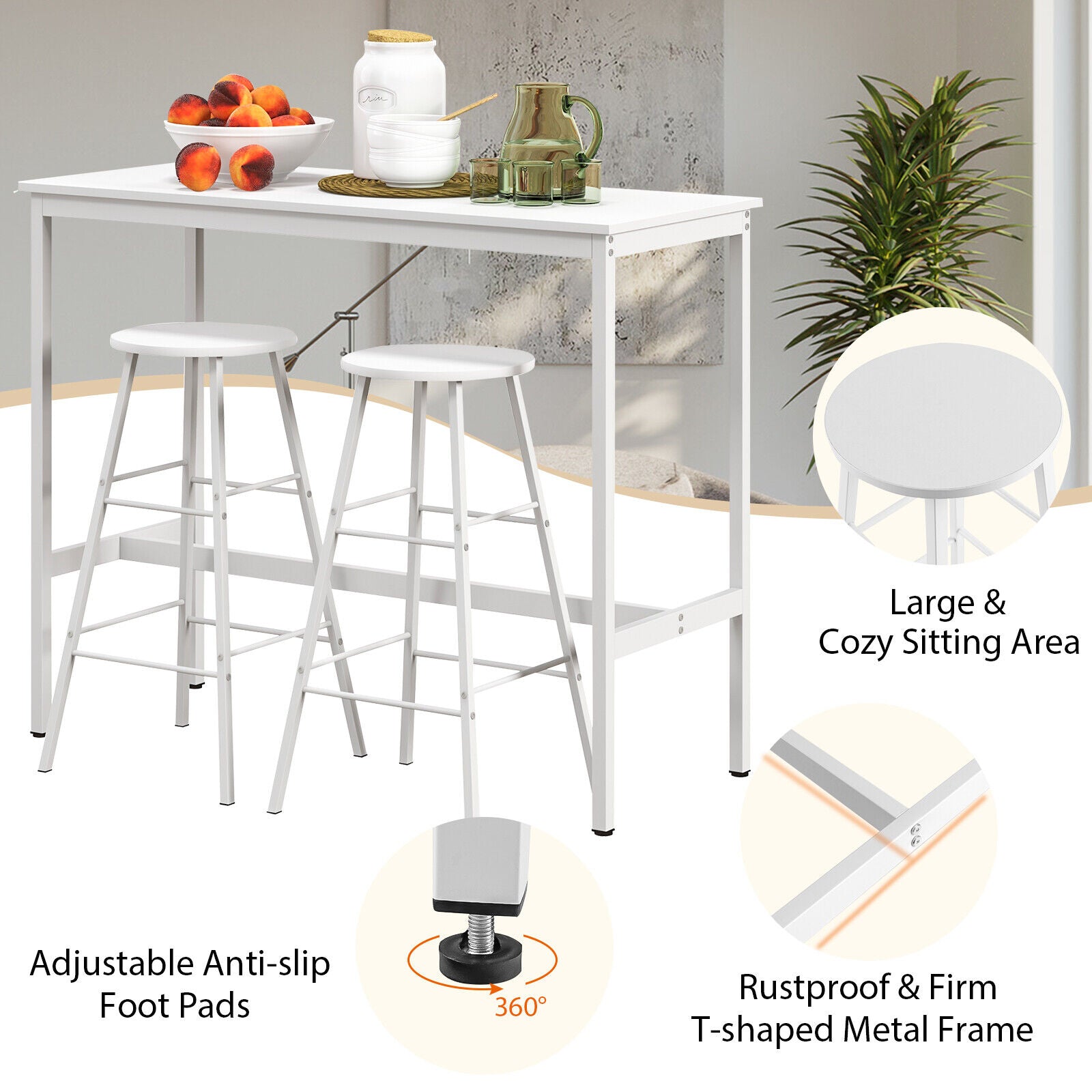 3 Piece Pub Table and Stools Kitchen Dining Set-White