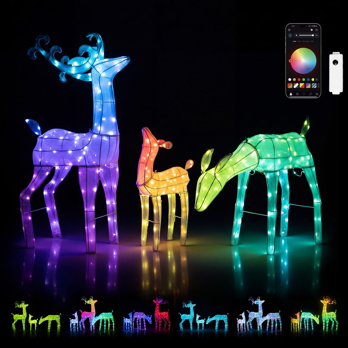 3-Piece RGB Lighted Christmas Deer Family Set with APP Control