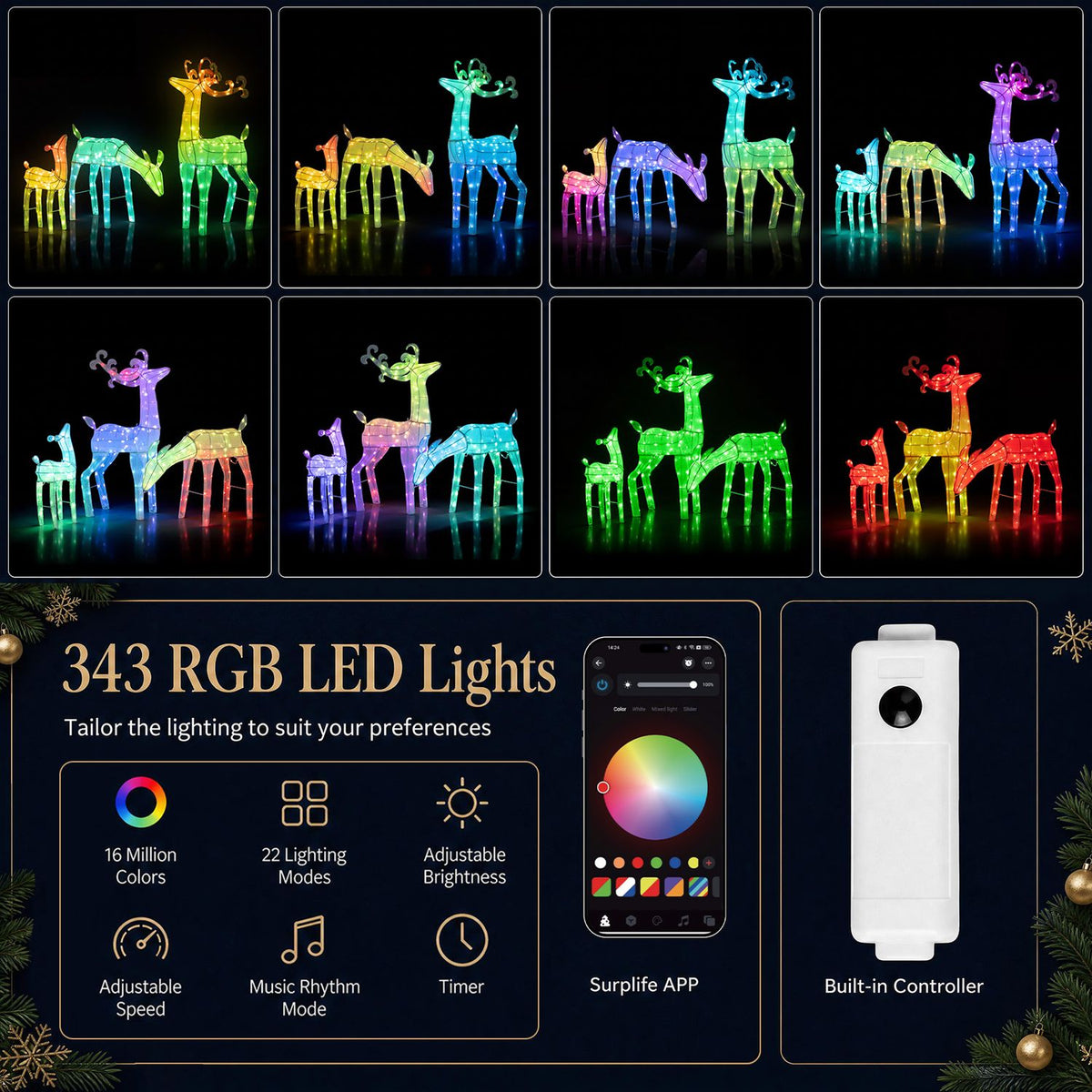 3-Piece RGB Lighted Christmas Deer Family Set with APP Control