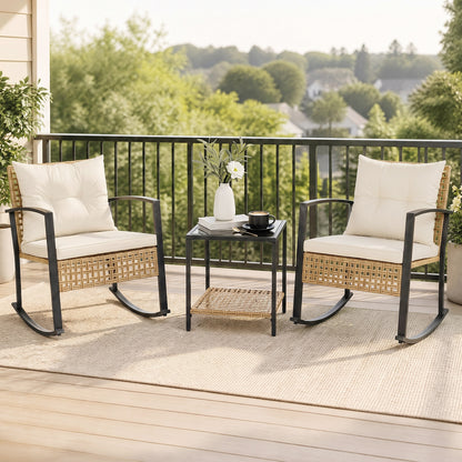3-Piece Rattan Patio Conversation Set with Rocking Chairs