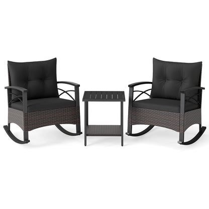 3 Piece Rocking Bistro Set PE Rattan Rocker Chairs with Acacia Wood Top Table-Black