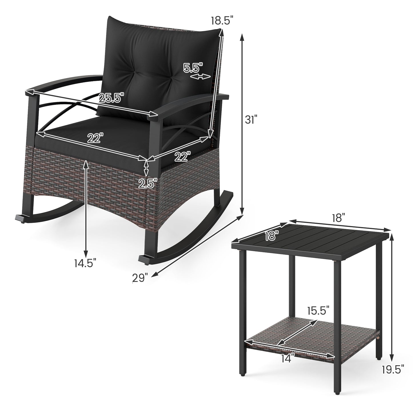 3 Piece Rocking Bistro Set PE Rattan Rocker Chairs with Acacia Wood Top Table-Black