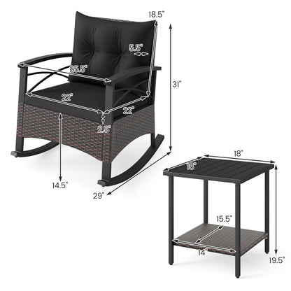 3 Piece Rocking Bistro Set PE Rattan Rocker Chairs with Acacia Wood Top Table-Black