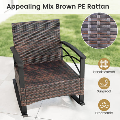 3 Piece Rocking Bistro Set PE Rattan Rocker Chairs with Acacia Wood Top Table-Black
