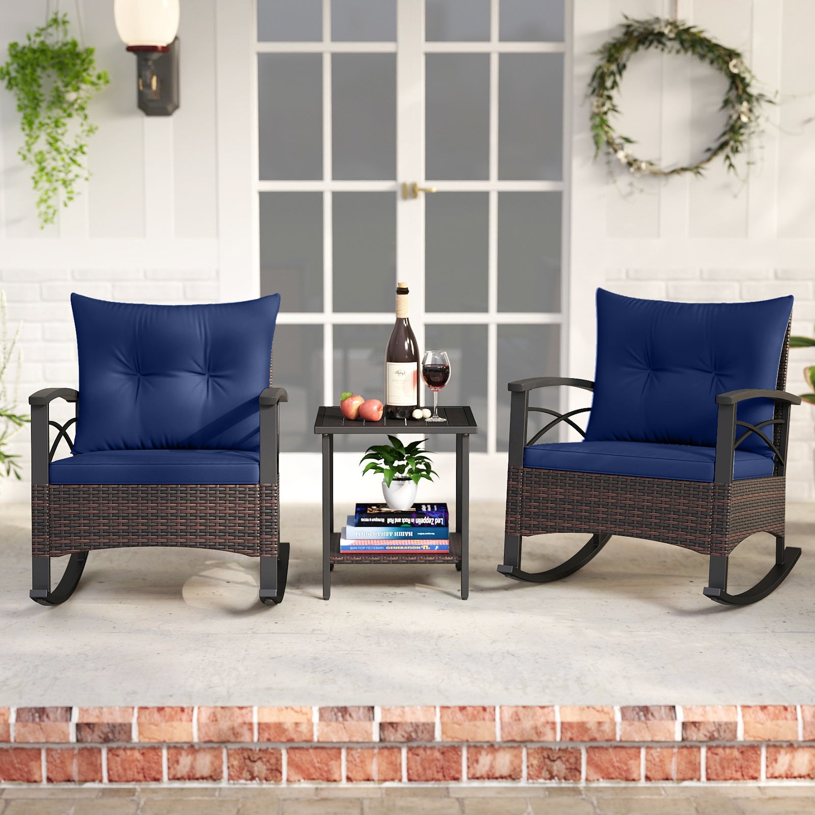 3 Piece Rocking Bistro Set PE Rattan Rocker Chairs with Acacia Wood Top Table-Navy