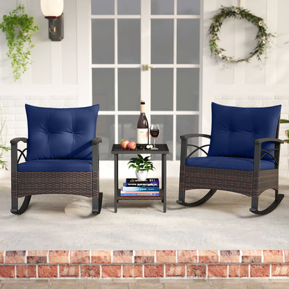 3 Piece Rocking Bistro Set PE Rattan Rocker Chairs with Acacia Wood Top Table-Navy