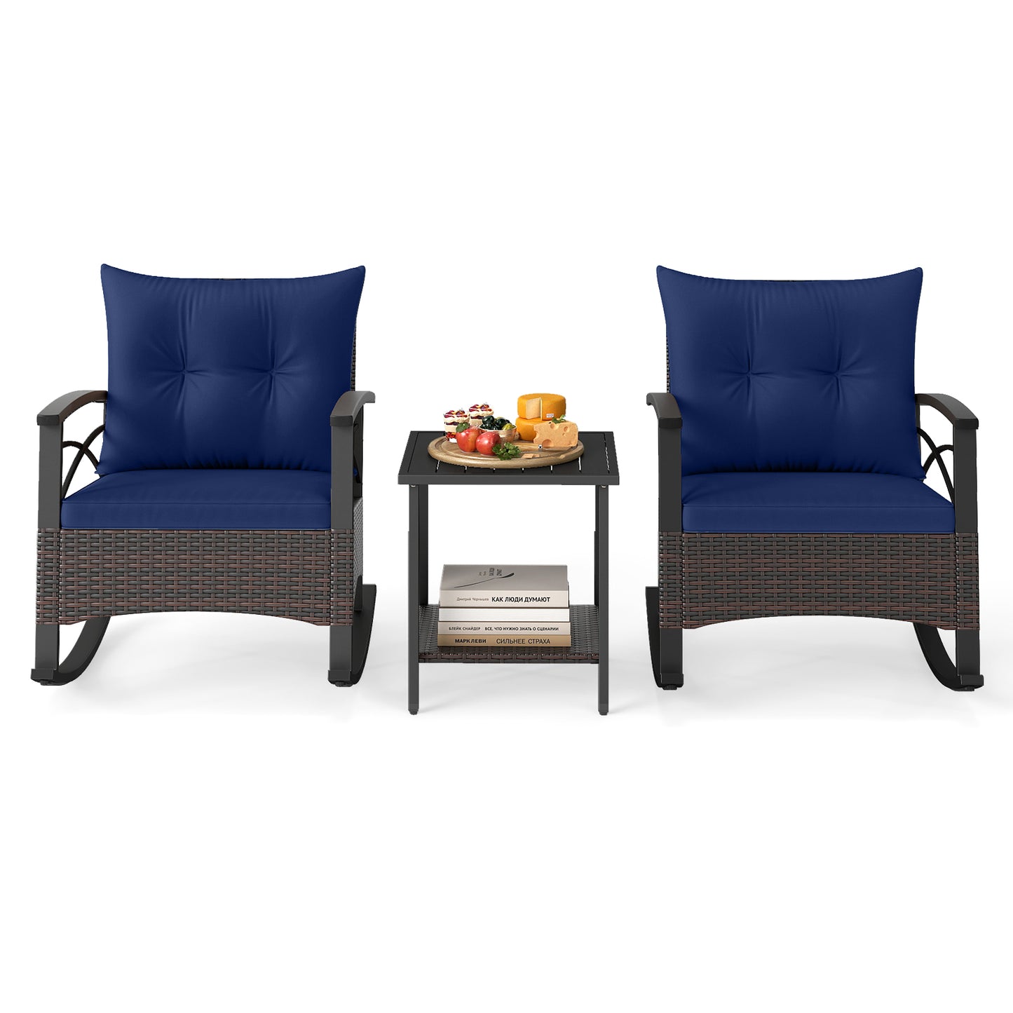 3 Piece Rocking Bistro Set PE Rattan Rocker Chairs with Acacia Wood Top Table-Navy