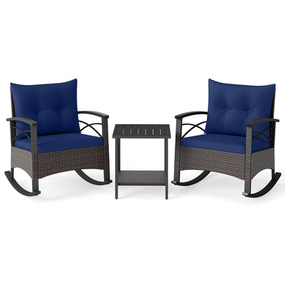 3 Piece Rocking Bistro Set PE Rattan Rocker Chairs with Acacia Wood Top Table-Navy