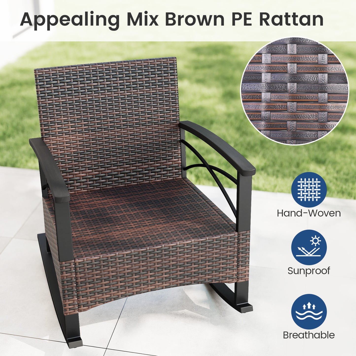 3 Piece Rocking Bistro Set PE Rattan Rocker Chairs with Acacia Wood Top Table-Navy
